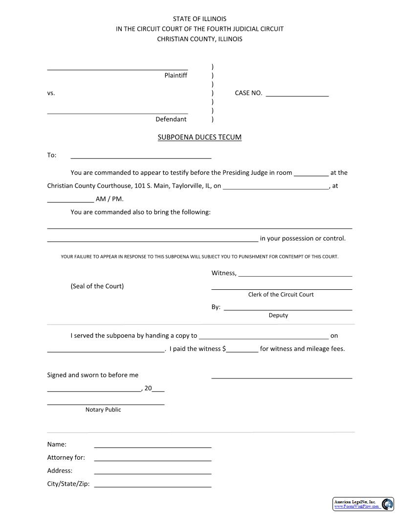 Subpoena Duces Tecum | Pdf Fpdf Docx | Illinois