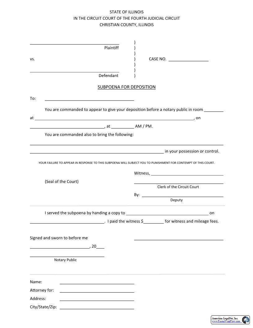 Subpoena For Deposition | Pdf Fpdf Docx | Illinois