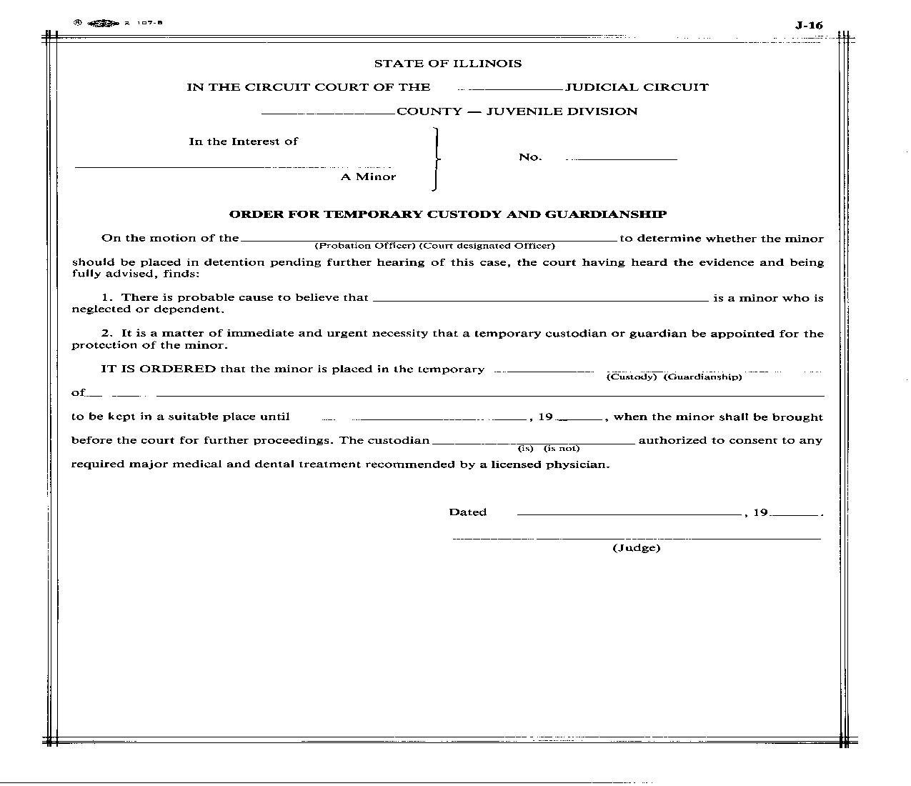 Order For Temporary Custody And Guardianship {J-16} |  | Illinois