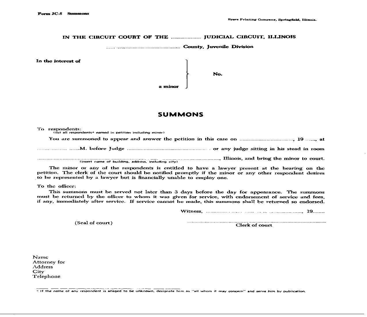 Summons Minor {JC-5} |  | Illinois