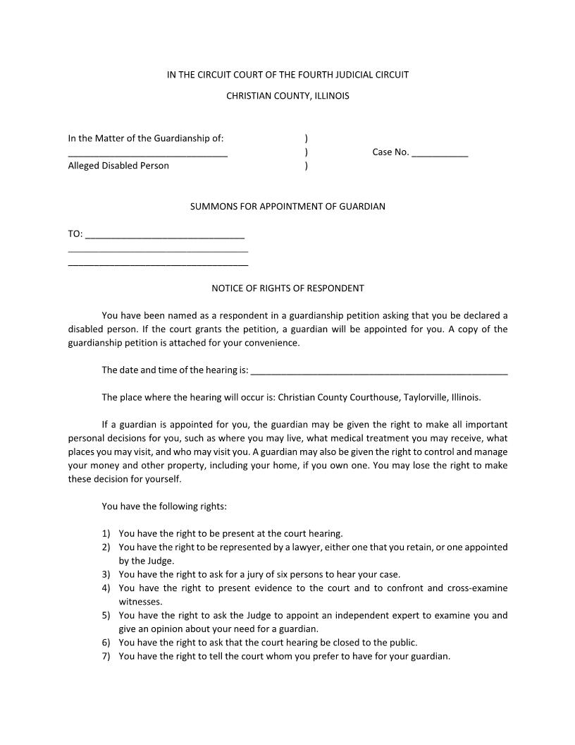Summons For Appointment Of Guardian Notice Of Rights Of Respondent | Pdf Fpdf Docx | Illinois