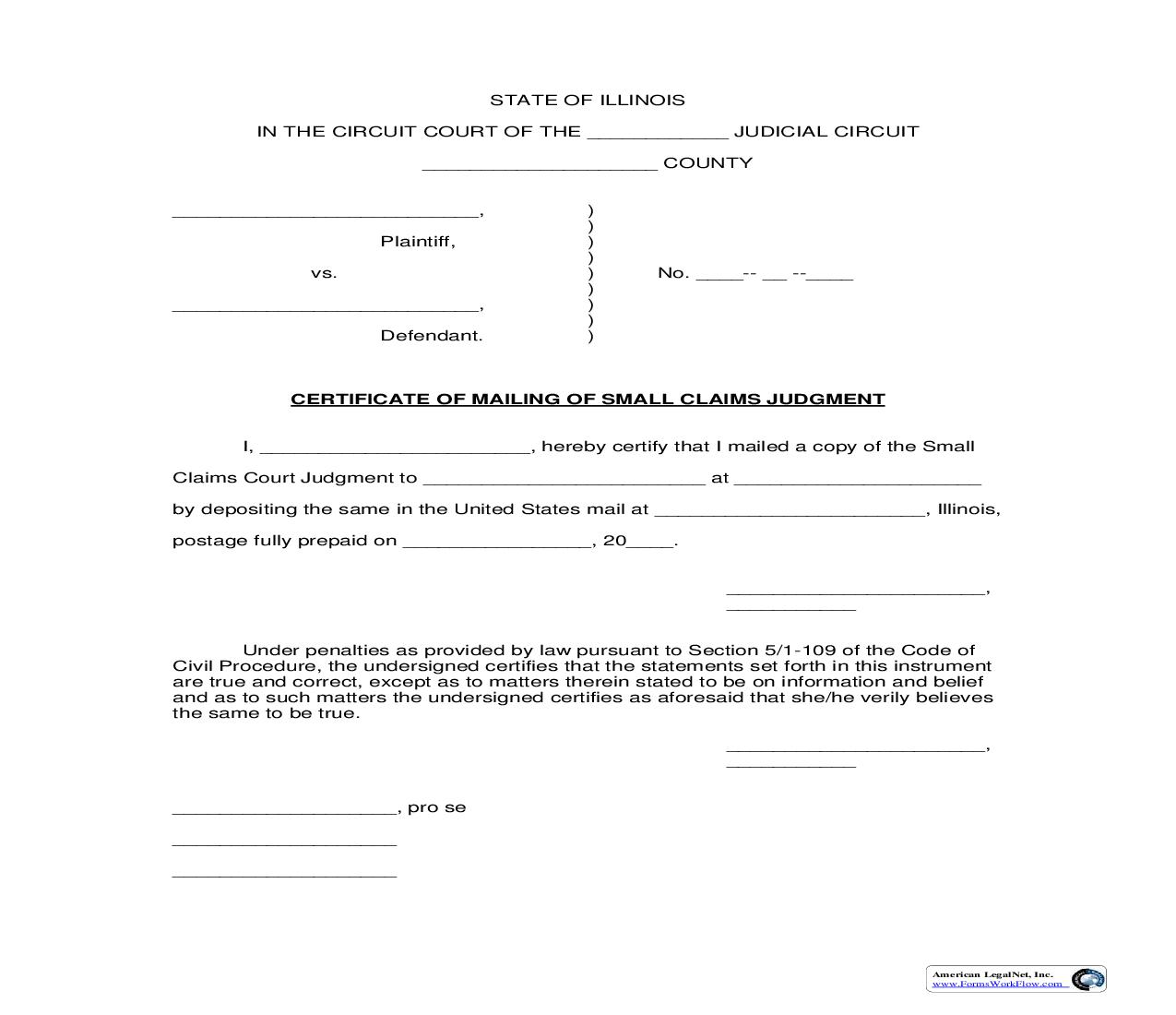 Certificate Of Mailing Of Small Claims Judgment |  | Illinois