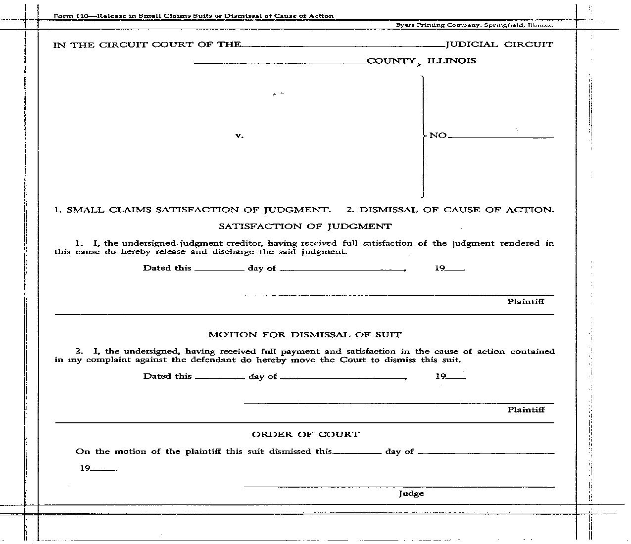 Release In Small Claims Suits Dismissal Of Cause Of Action {110} |  | Illinois