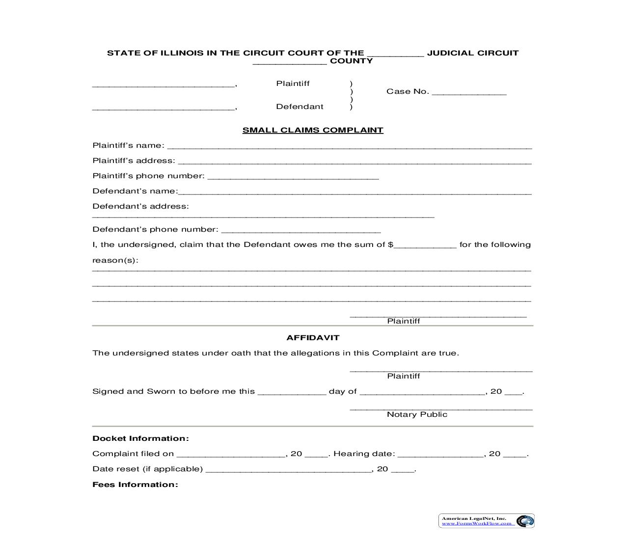 Small Claims Complaint |  | Illinois