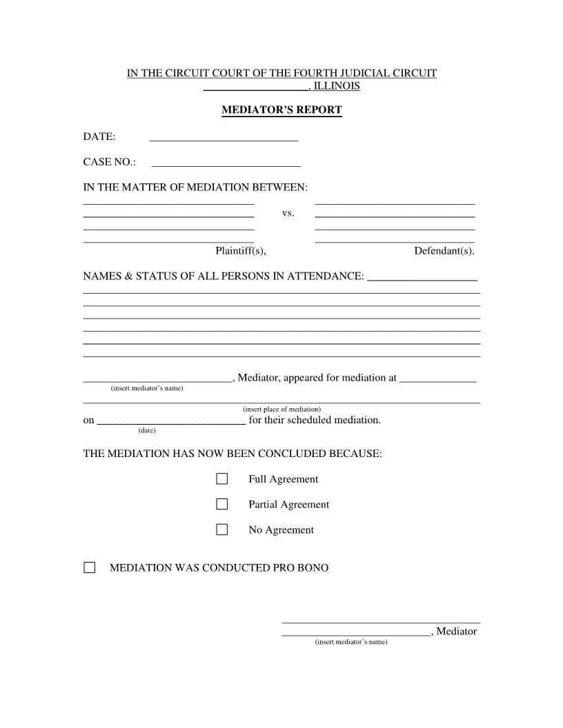 Mediation Report (Civil) | Pdf Fpdf Docx | Illinois