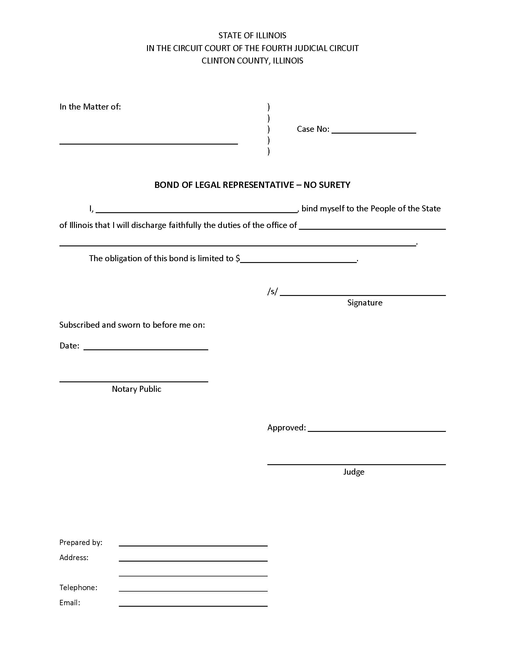 Bond Of Legal Representative - No Surety | Pdf Fpdf Docx | Illinois