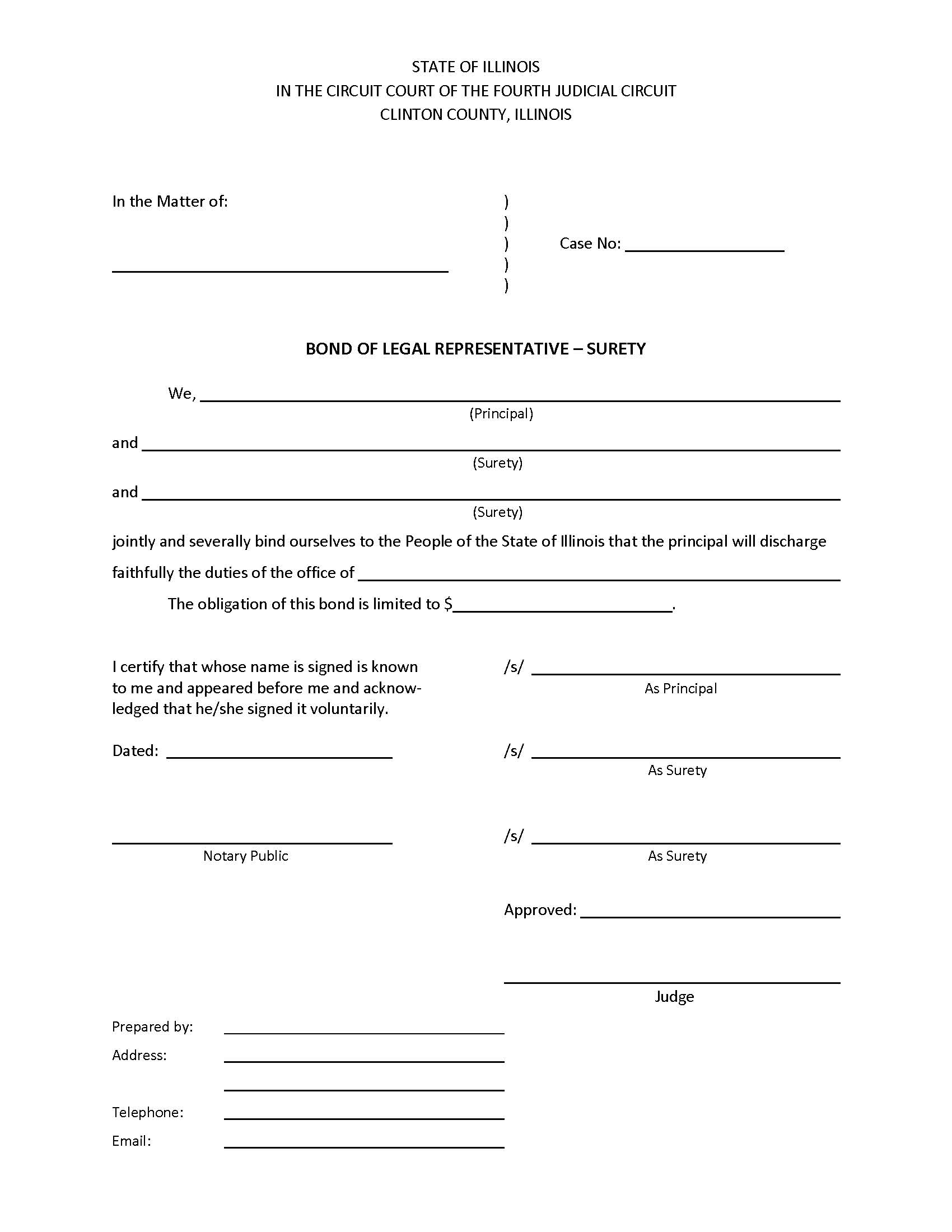 Bond Of Legal Representative - Surety | Pdf Fpdf Docx | Illinois