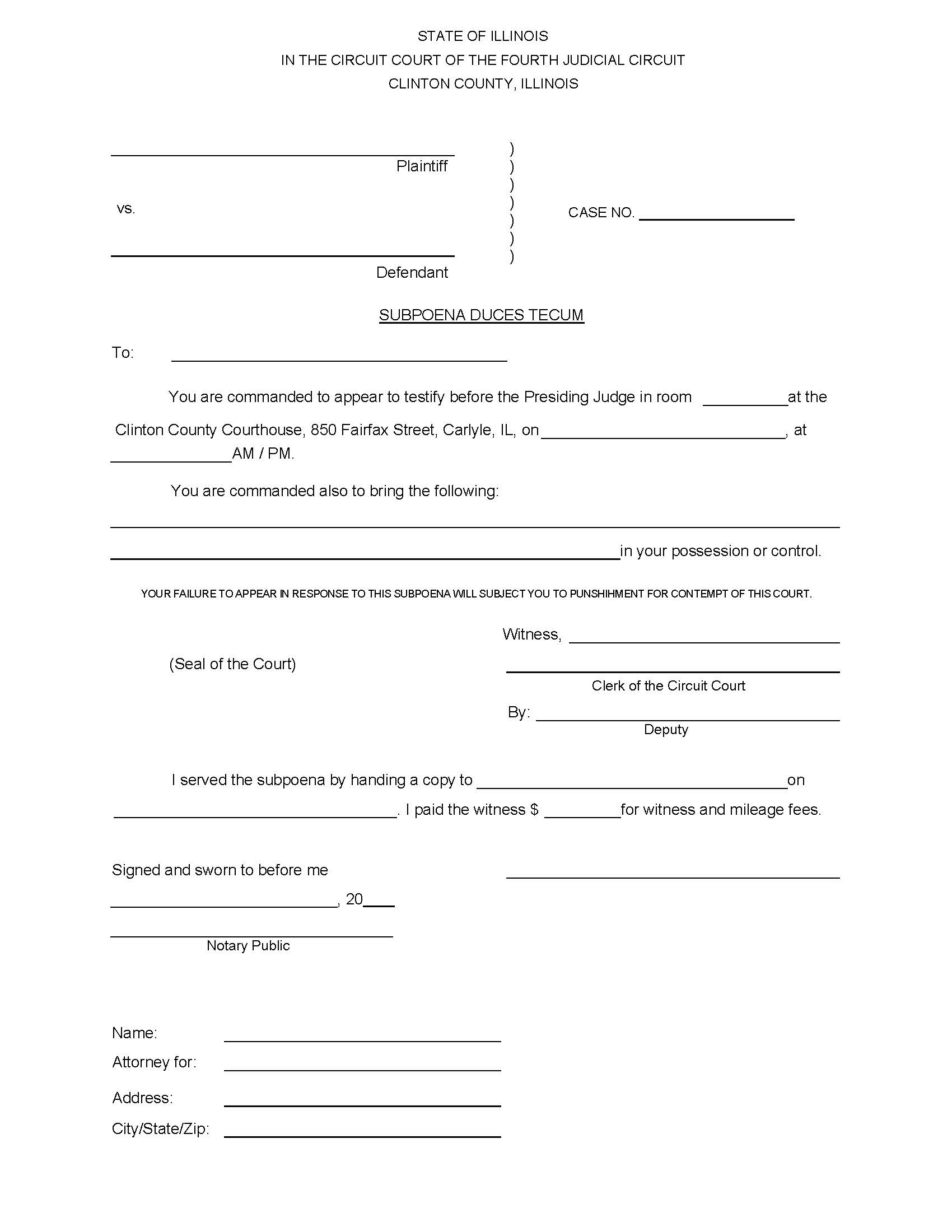 Subpoena Duces Tecum | Pdf Fpdf Doc Docx | Illinois