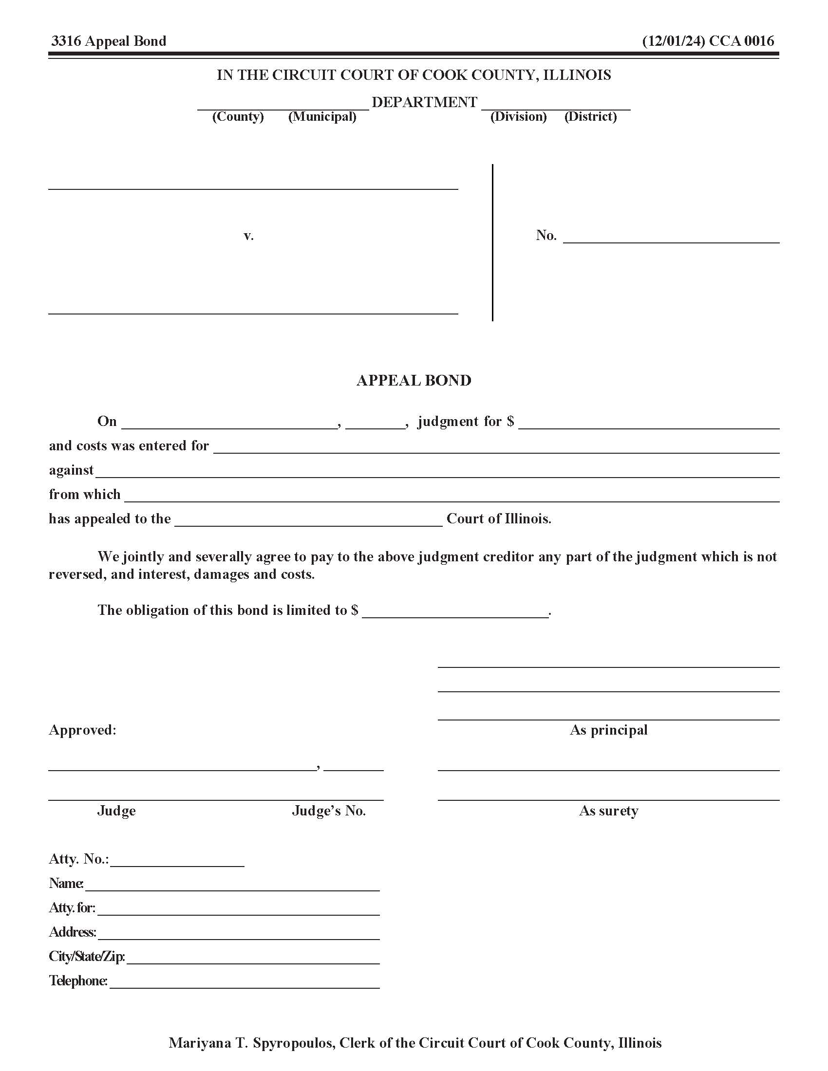 Appeal Bond {CCA 0016} | Pdf Fpdf Docx | Illinois