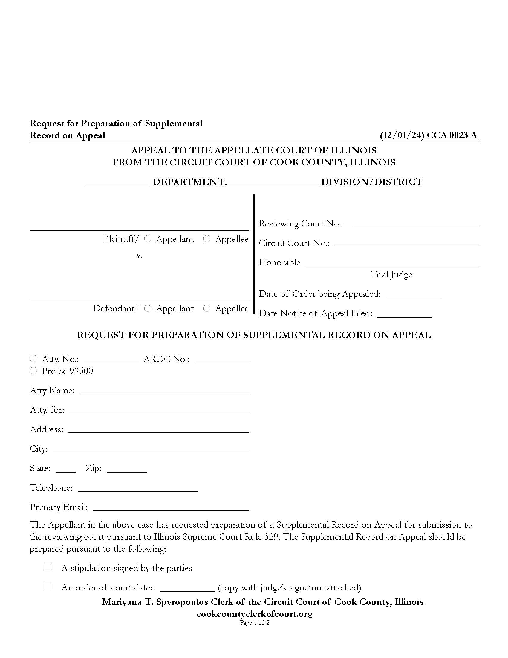 Request For Preparation Of Supplemental Record On Appeal {CCA 0023} | Pdf Fpdf Docx | Illinois