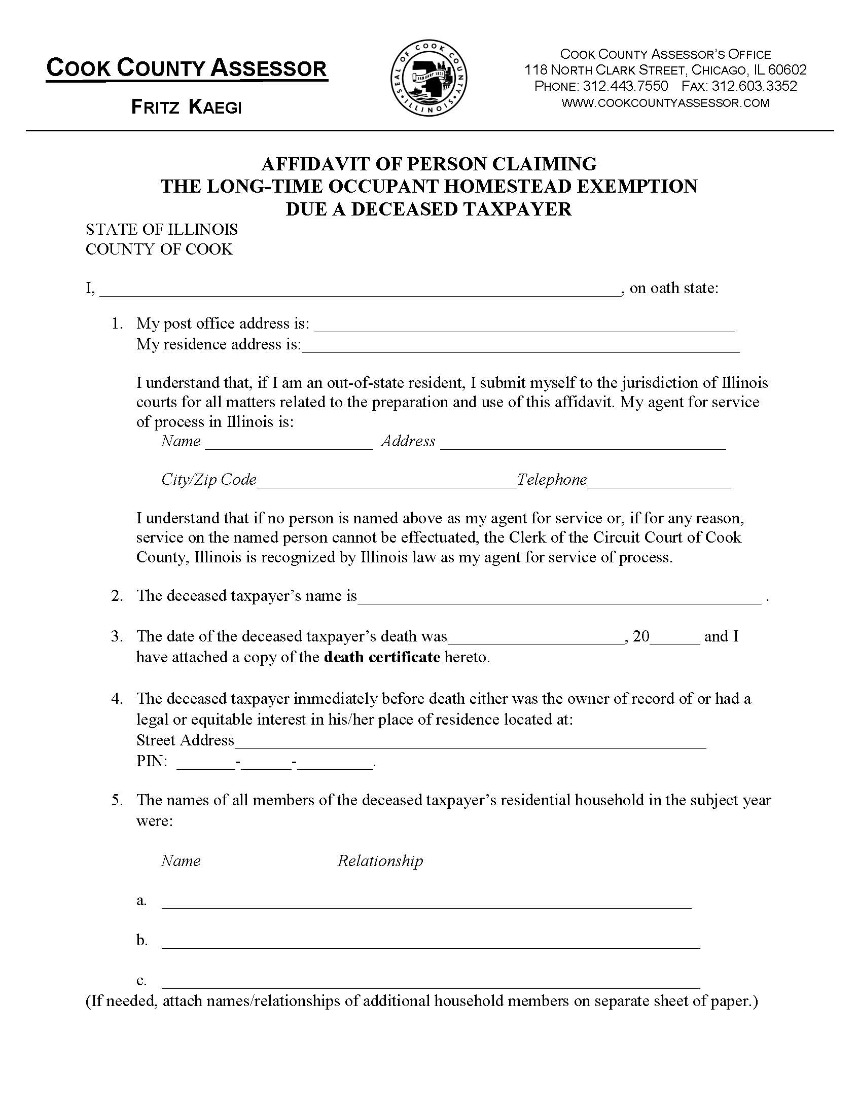 Affidavit Claiming Long-Time Occupant Homestead Exemption Due To Deceased | Pdf Fpdf Docx | Illinois