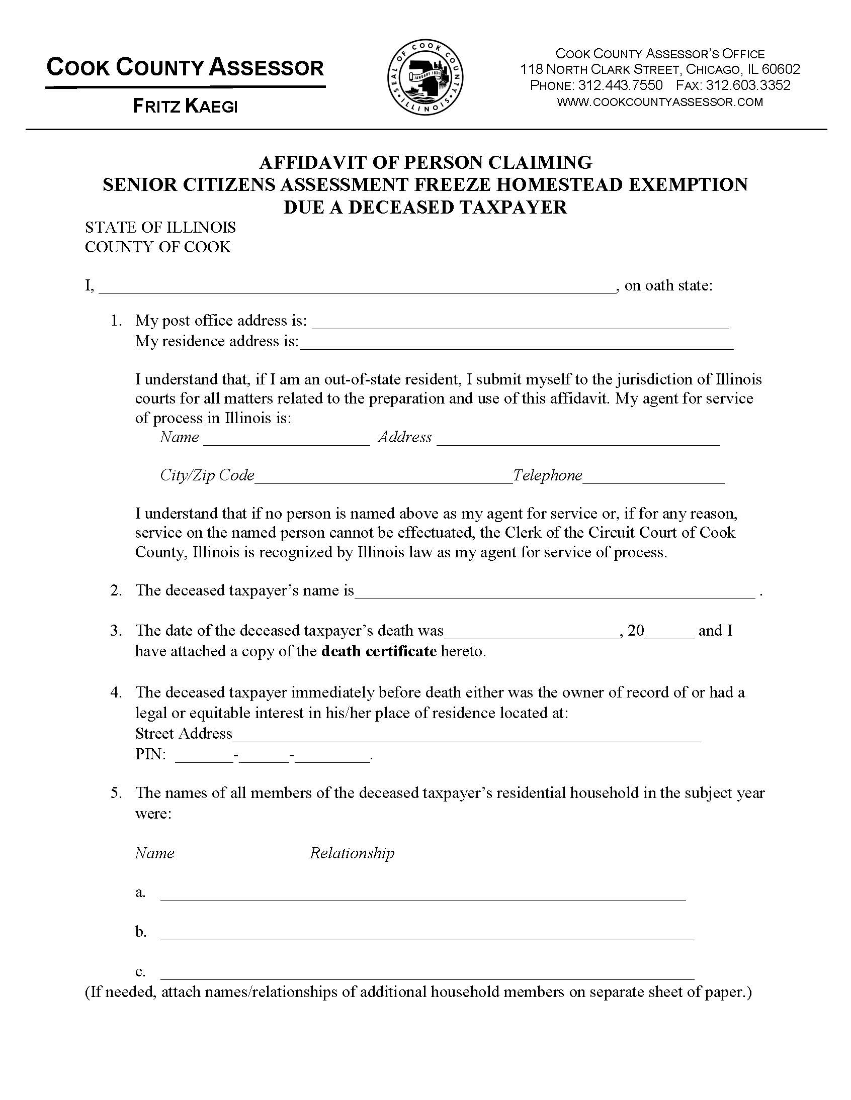Affidavit Of Person Claiming Senior Freeze Due To Deceased Taxpayer | Pdf Fpdf Docx | Illinois
