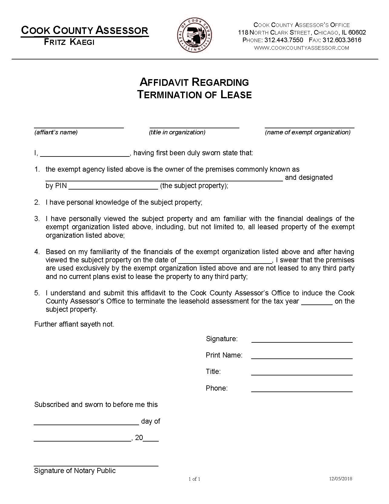 Affidavit Regarding Termination Of Lease | Pdf Fpdf Docx | Illinois