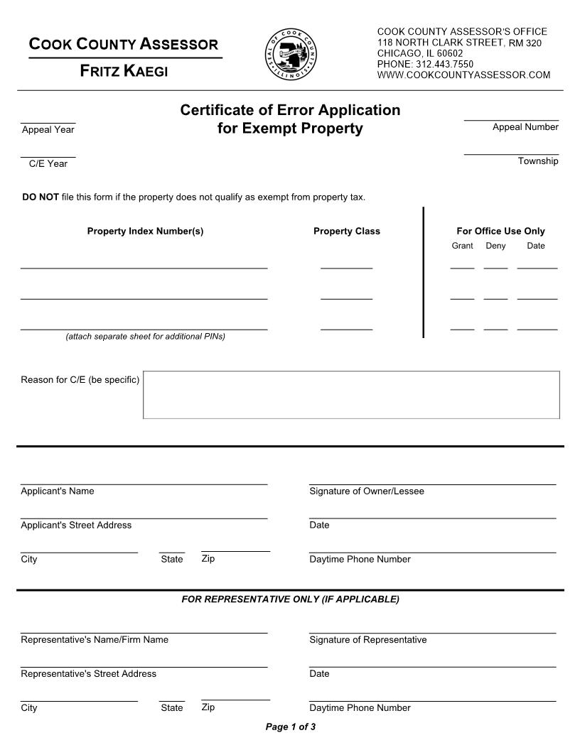 Certificate Of Error Application For Exempt Property | Pdf Fpdf Docx | Illinois