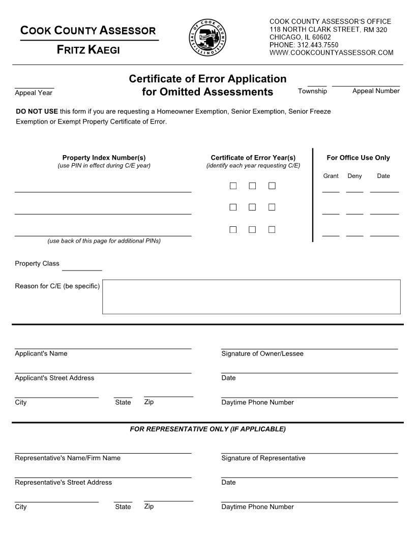 Certificate Of Error Application For Omitted Assessments | Pdf Fpdf Docx | Illinois