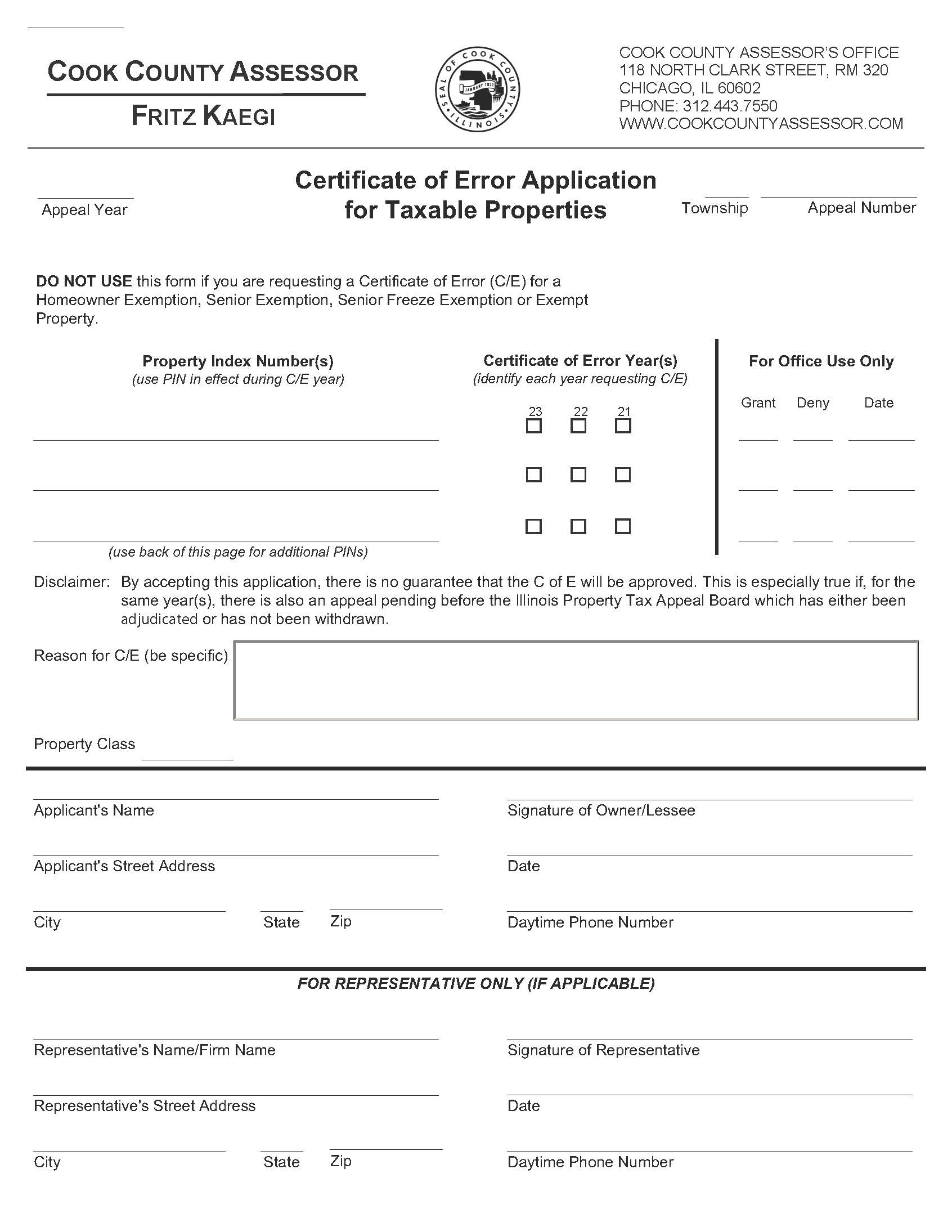 Certificate Of Error Application For Taxable Properties | Pdf Fpdf Docx | Illinois