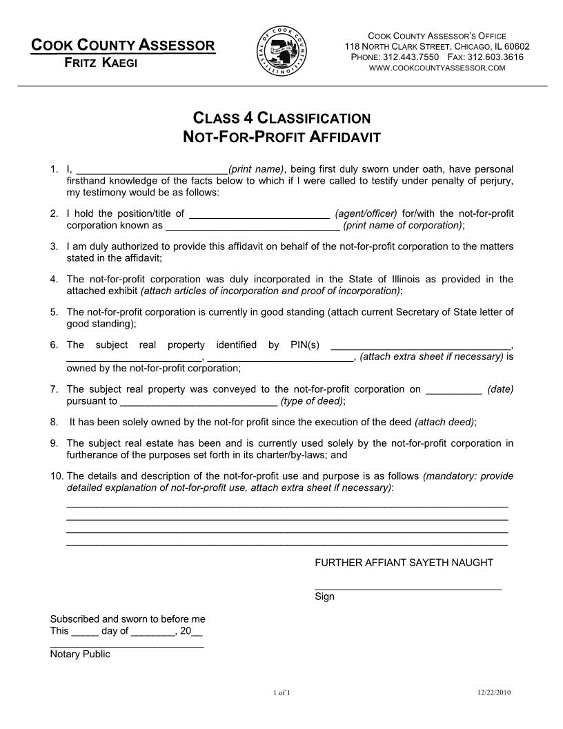 Class 4 Classification Not-For-Profit Affidavit | Pdf Fpdf Docx | Illinois