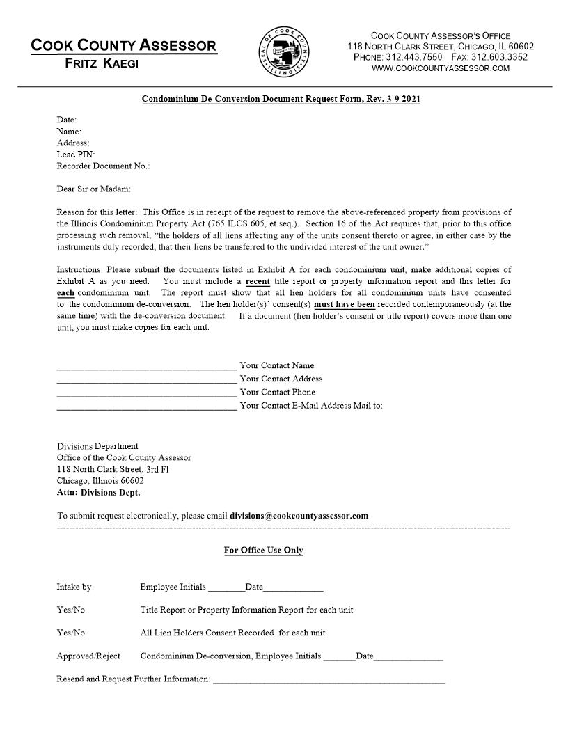 Condominium De-Conversion Document Request Form | Pdf Fpdf Docx | Illinois