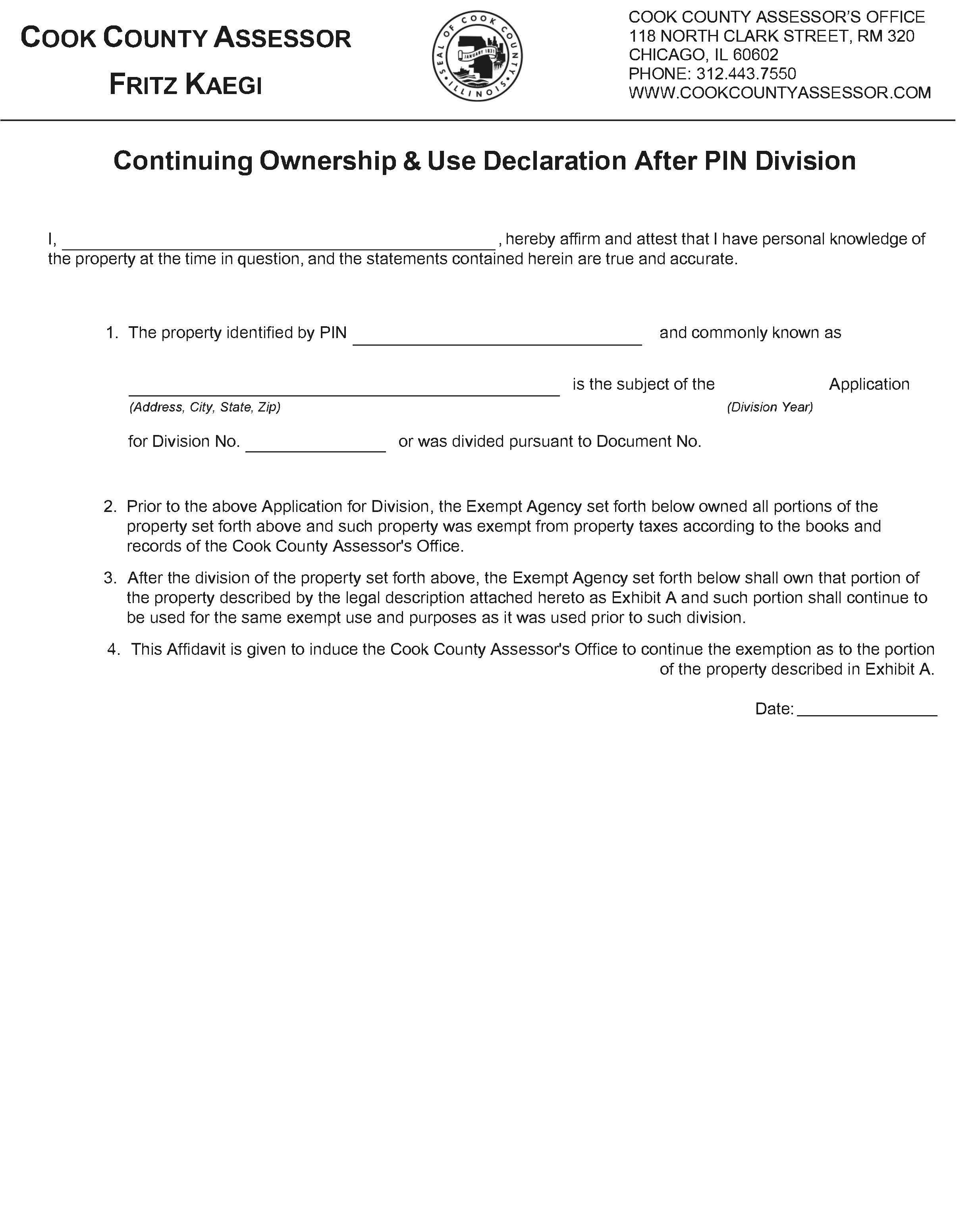 Continued Ownership And Use Declaration After PIN Division | Pdf Fpdf Docx | Illinois
