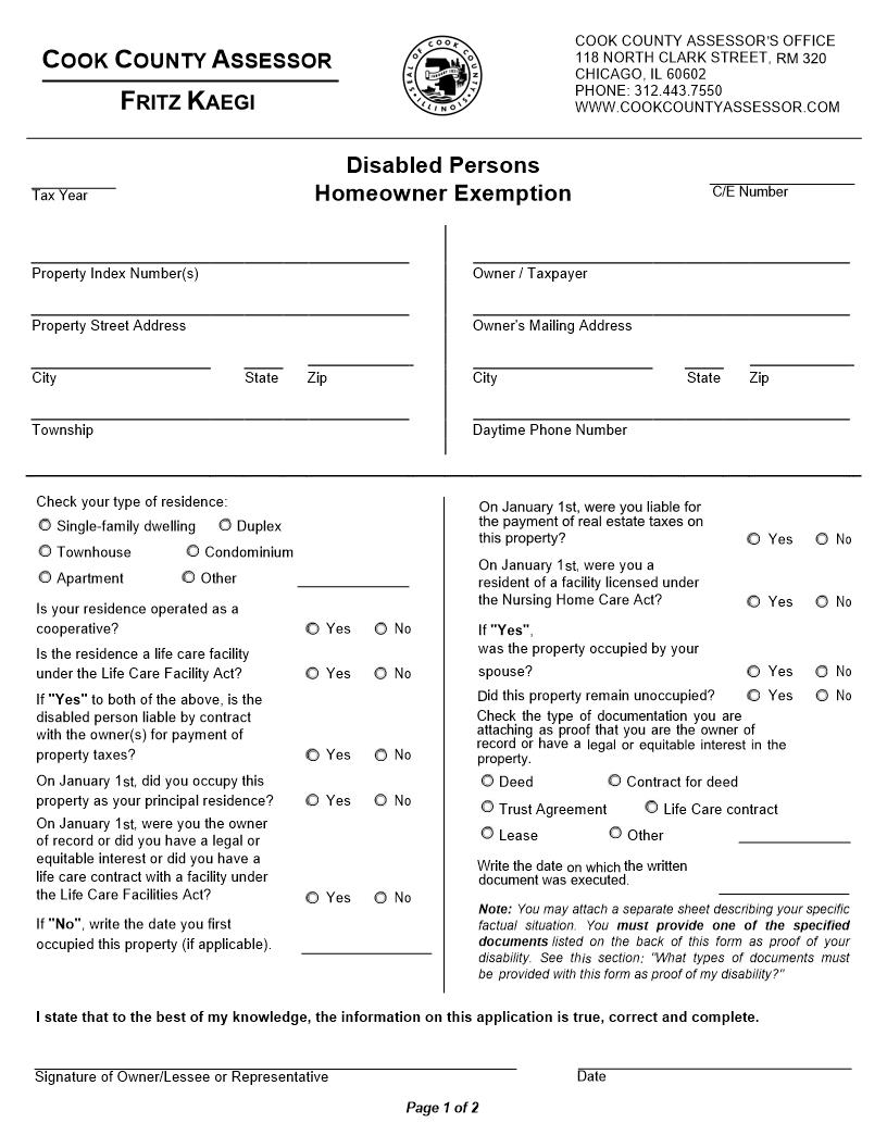 Disabled Persons Homeowner Exemption | Pdf Fpdf Docx | Illinois