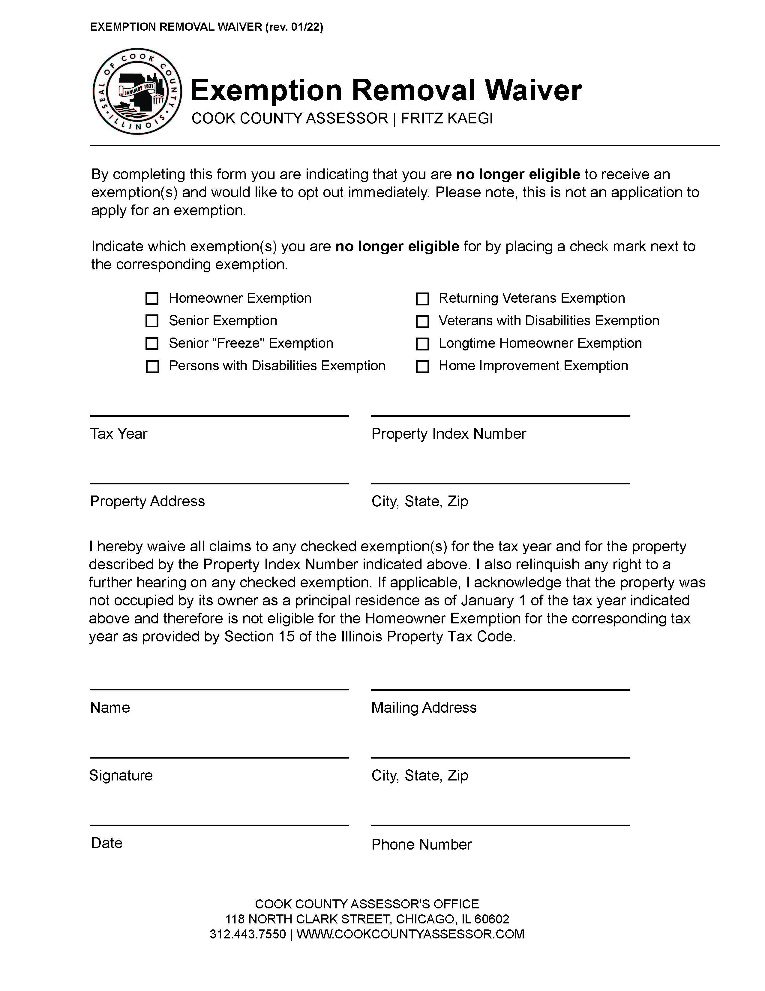 Exemption Removal Waiver | Pdf Fpdf Docx | Illinois