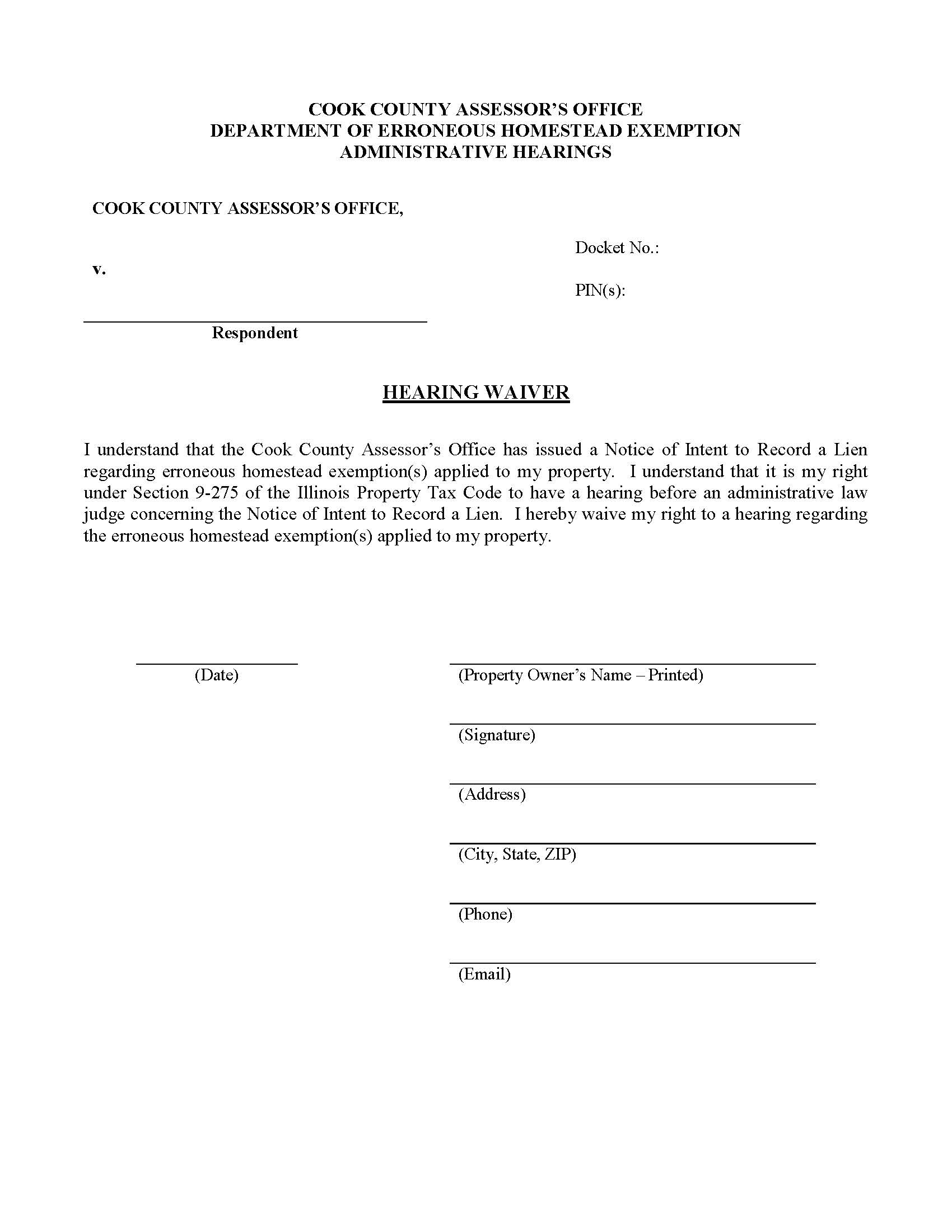 Hearing Waiver (Department Of Erroneous Exemption Administration Hearings) | Pdf Fpdf Docx | Illinois