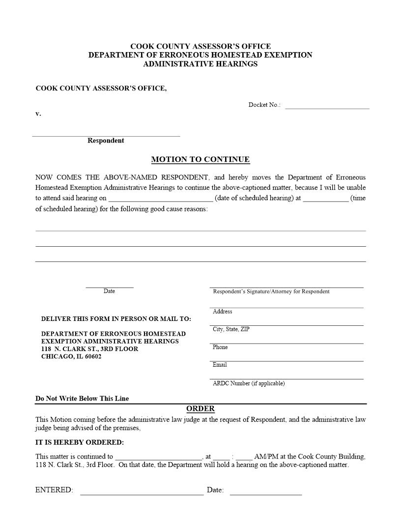 Motion To Continue (Department Of Erroneous Exemption Administration Hearings) | Pdf Fpdf Docx | Illinois
