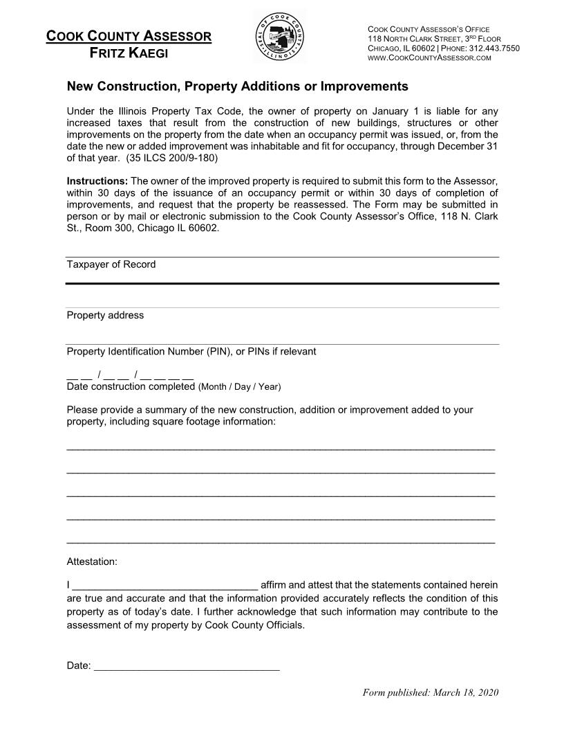 New Construction Property Additions Or Improvements | Pdf Fpdf Docx | Illinois