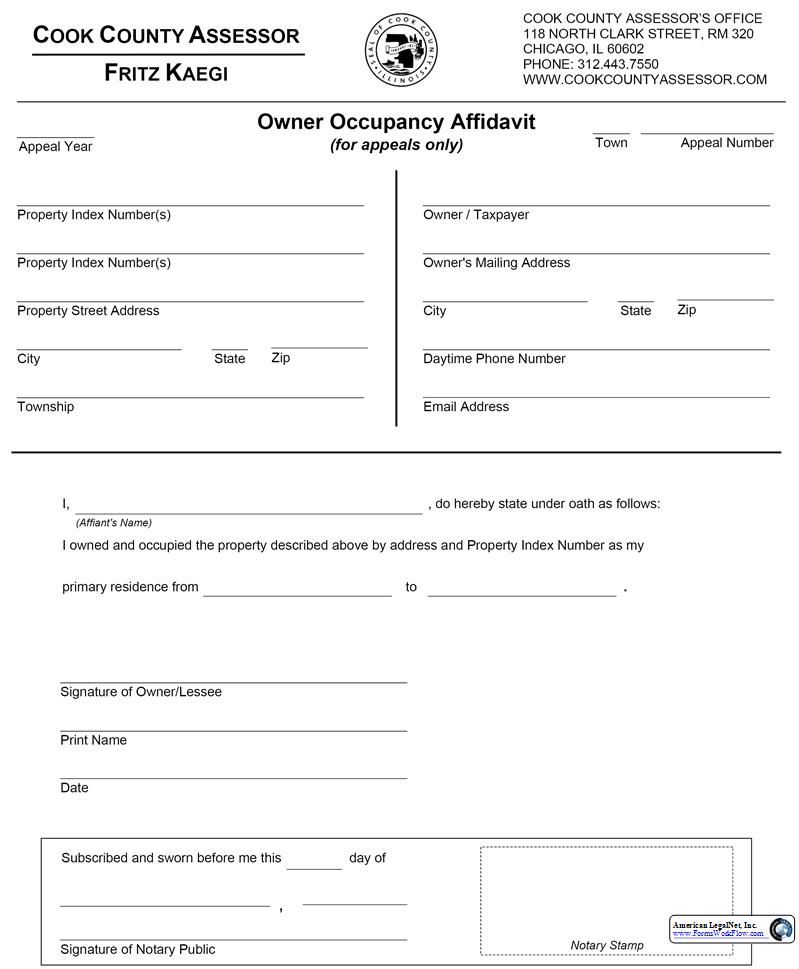 Owner Occupancy Affidavit (For Appeals Only) | Pdf Fpdf Docx | Illinois