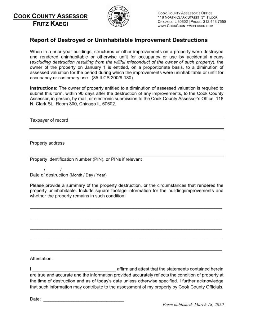 Report Of Destroyed Or Uninhabitable Improvement Destructions | Pdf Fpdf Docx | Illinois