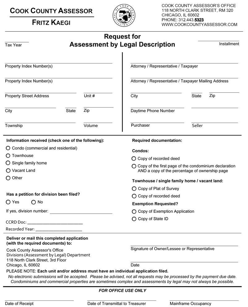 Request For Assessment By Legal Description | Pdf Fpdf Docx | Illinois