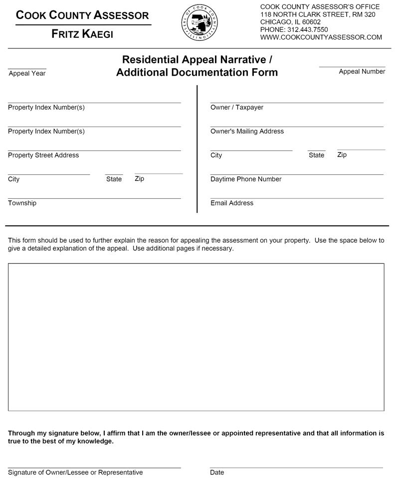 Residential Appeal Narrative Additional Documentation Form | Pdf Fpdf Docx | Illinois