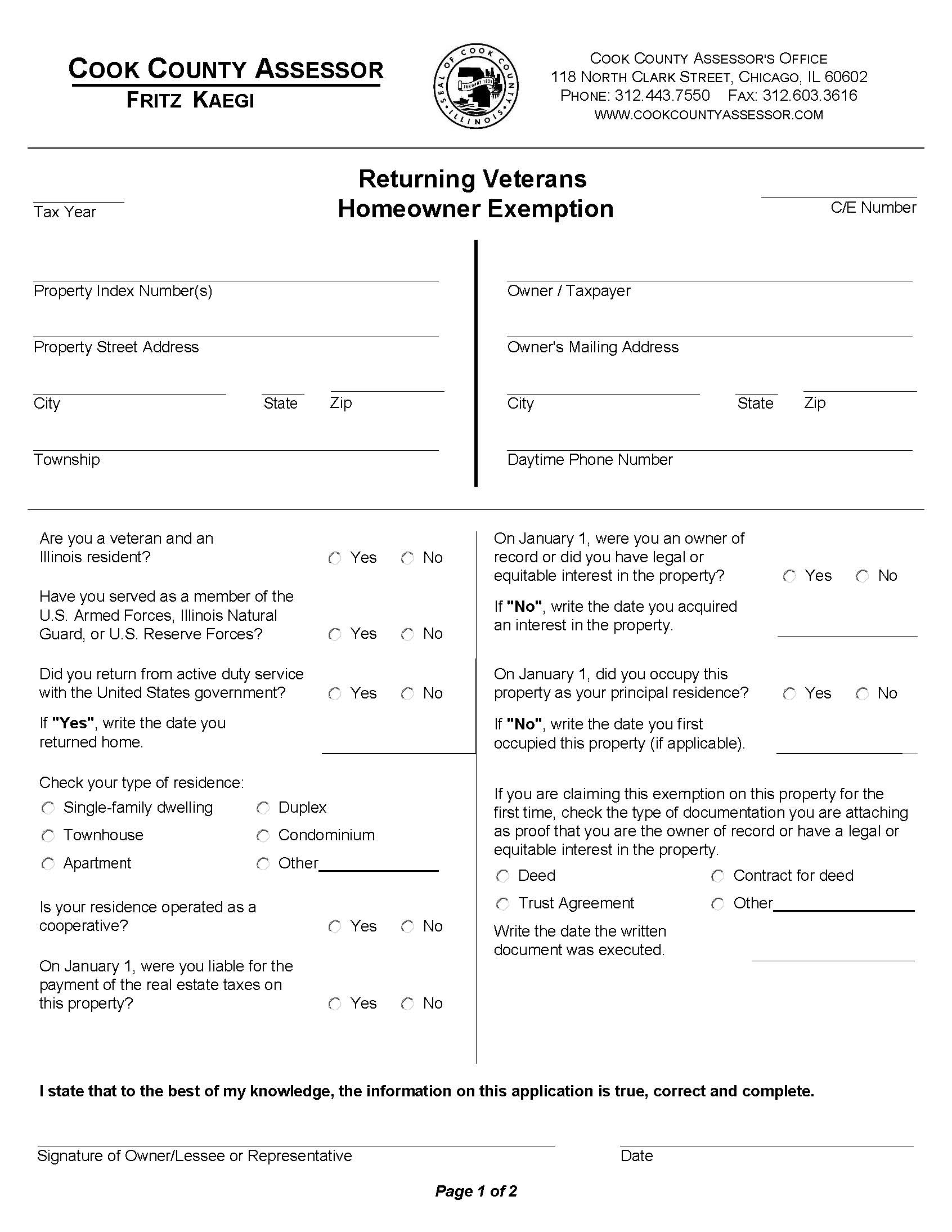 Returning Veterans Homeowner Exemption | Pdf Fpdf Docx | Illinois