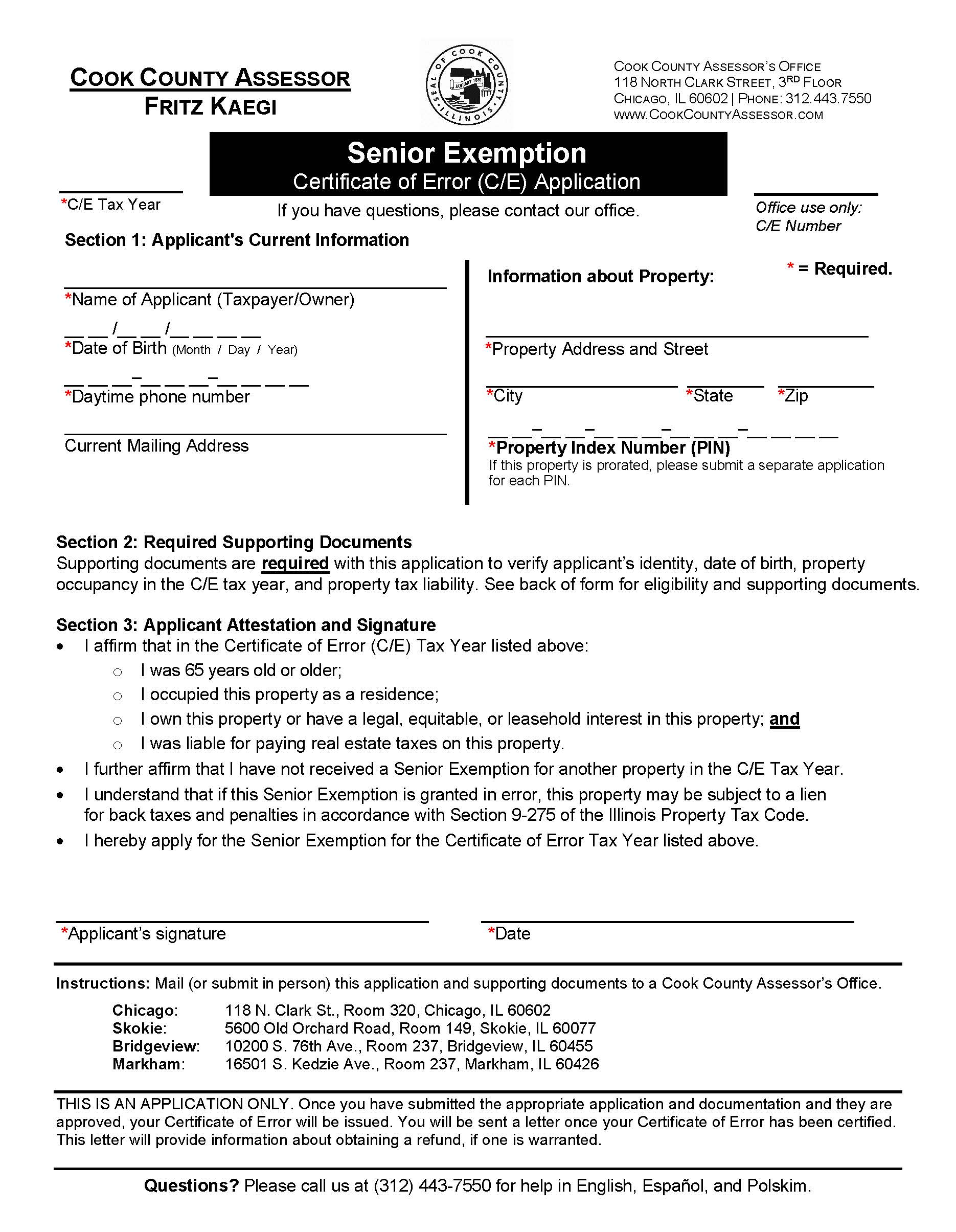 Senior Exemption Certificate Of Error (C-E) Application | Pdf Fpdf Docx | Illinois