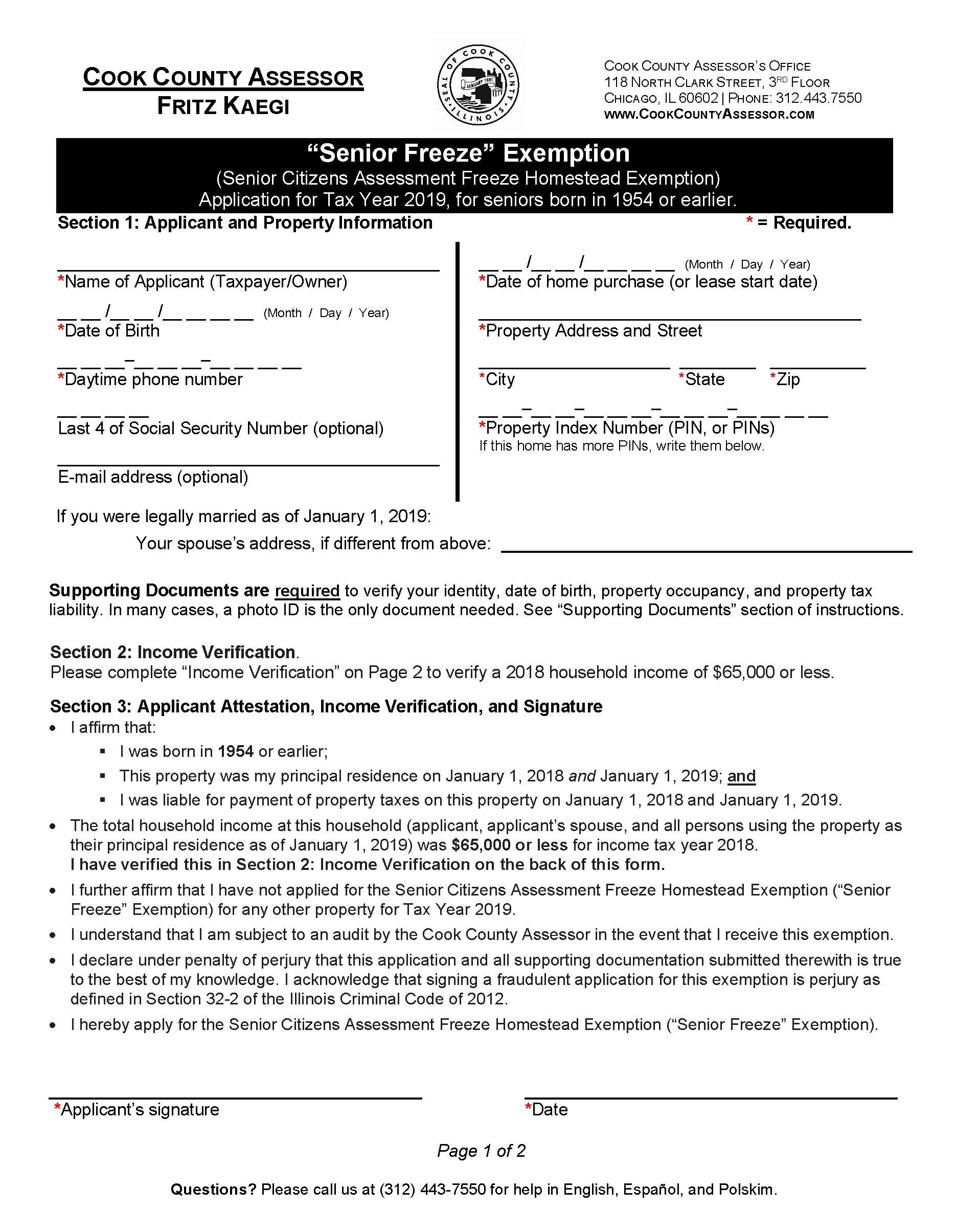 Senior Freeze (Senior Citizens Assessment Freeze Homestead Exemption) | Pdf Fpdf Docx | Illinois