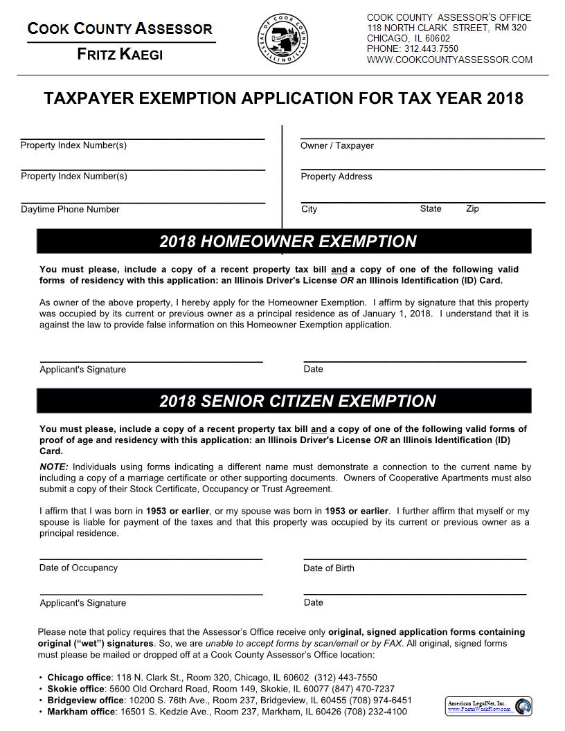 Taxpayer Exemption Application (Homeowner And Senior Citizen) | Pdf Fpdf Docx | Illinois