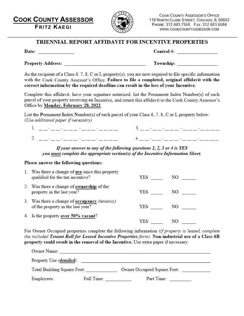 Triennial Report Affidavit For Incentive Properties | Pdf Fpdf Docx | Illinois