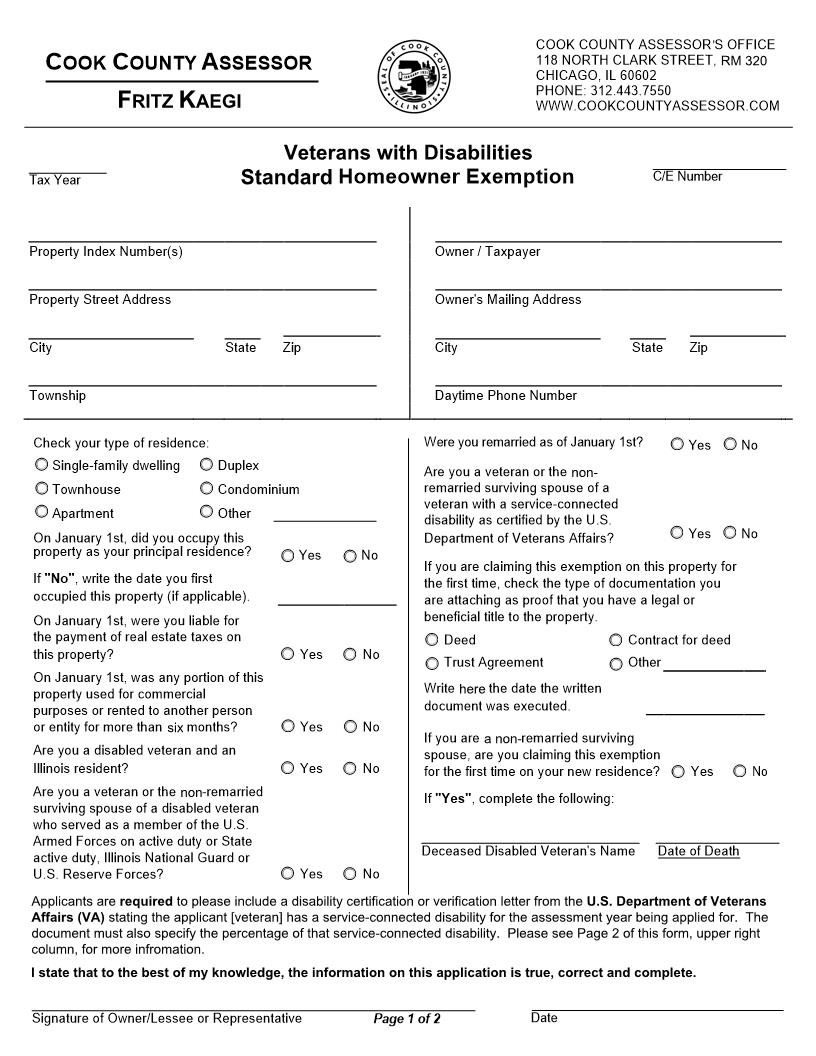 Veterans With Disabilities Standard Homeowner Exemption | Pdf Fpdf Docx | Illinois