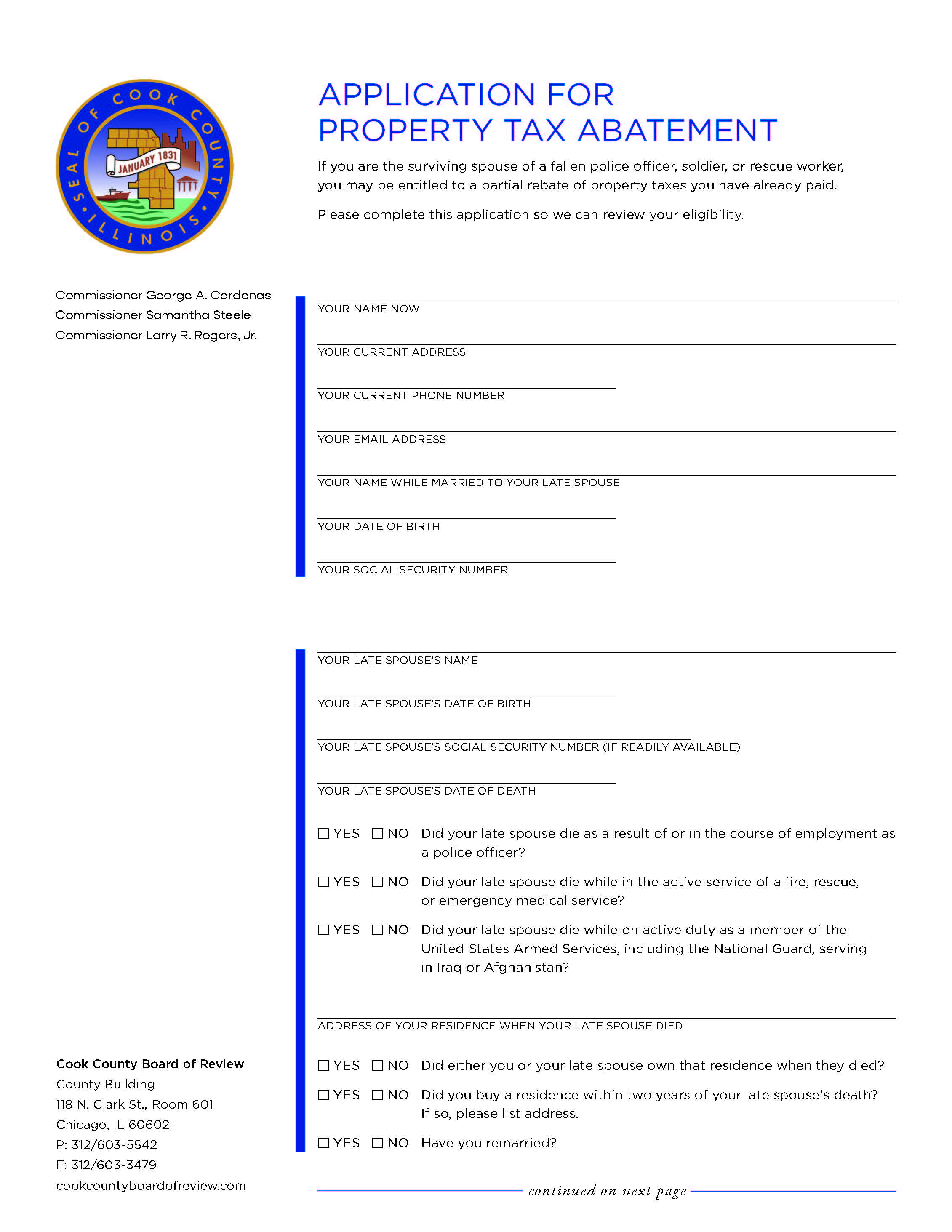 Application For Property Tax Abatement (Surviving Spouse) | Pdf Fpdf Docx | Illinois