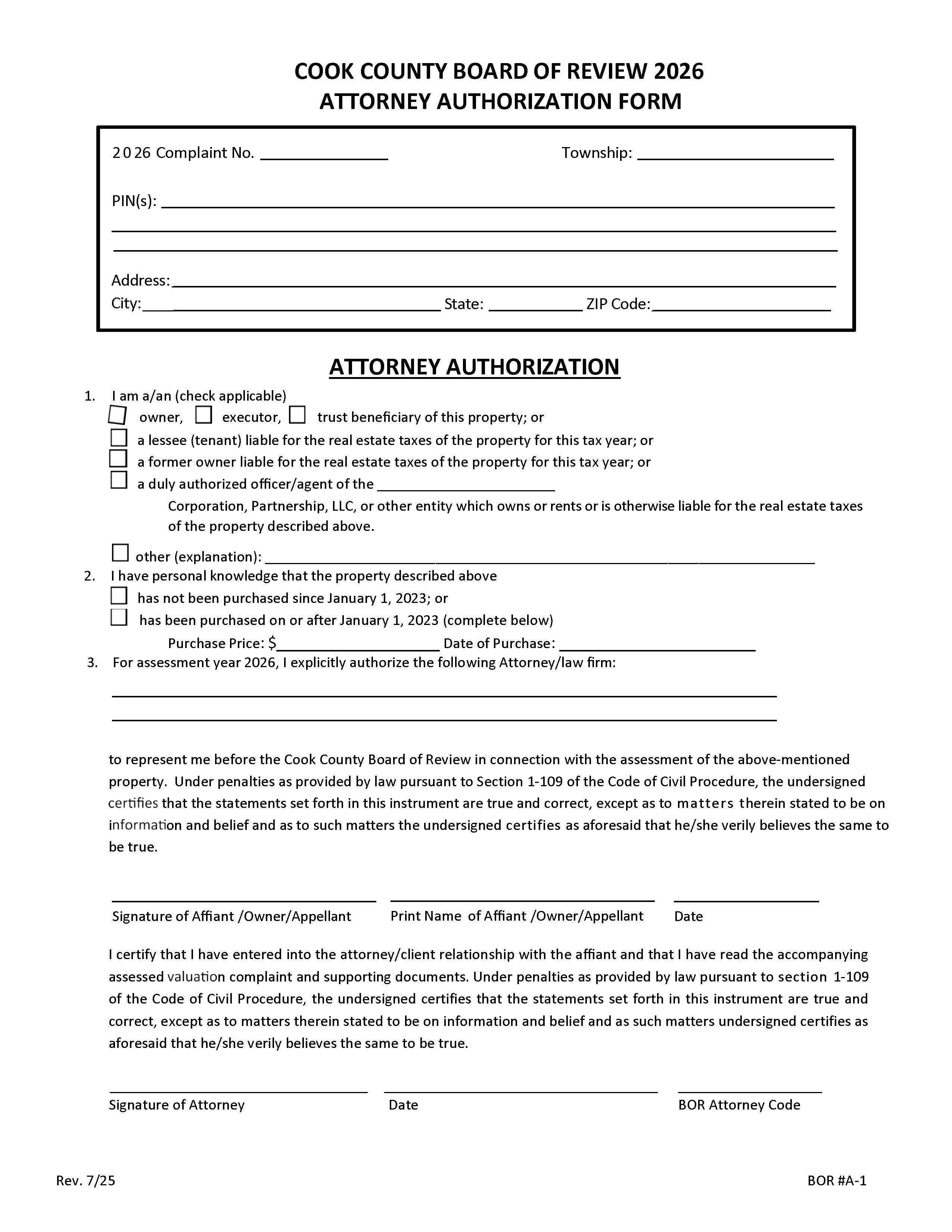 Attorney Authorization 2026 Session {BOR A-1} | Pdf Fpdf Docx | Illinois