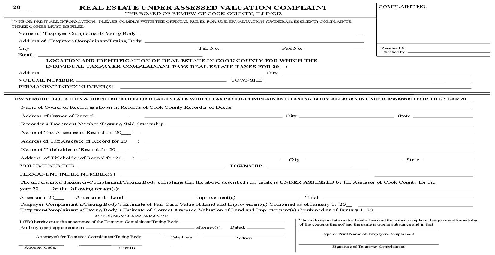 Real Estate Under Assessed Valuation Complaint {BOR A-6} | Pdf Fpdf Doc Docx | Illinois