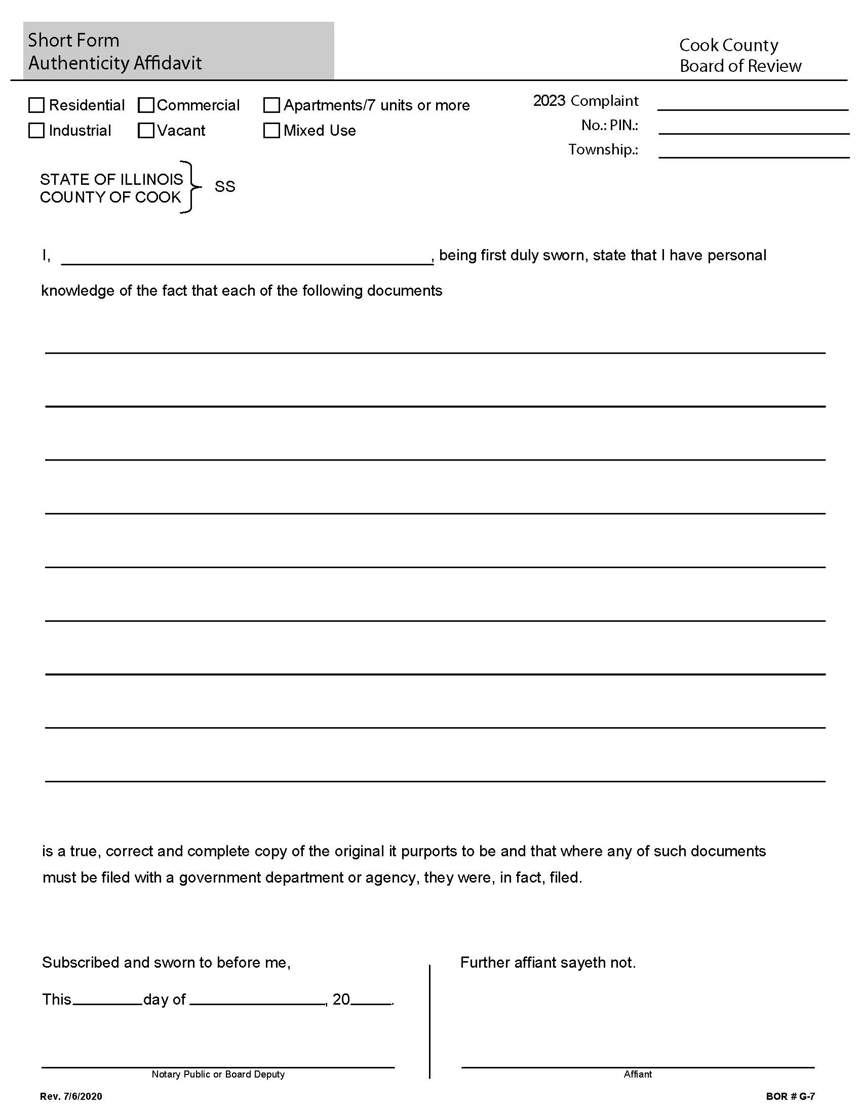 Short Form Authenticity Affidavit {BOR G-7} | Pdf Fpdf Docx | Illinois