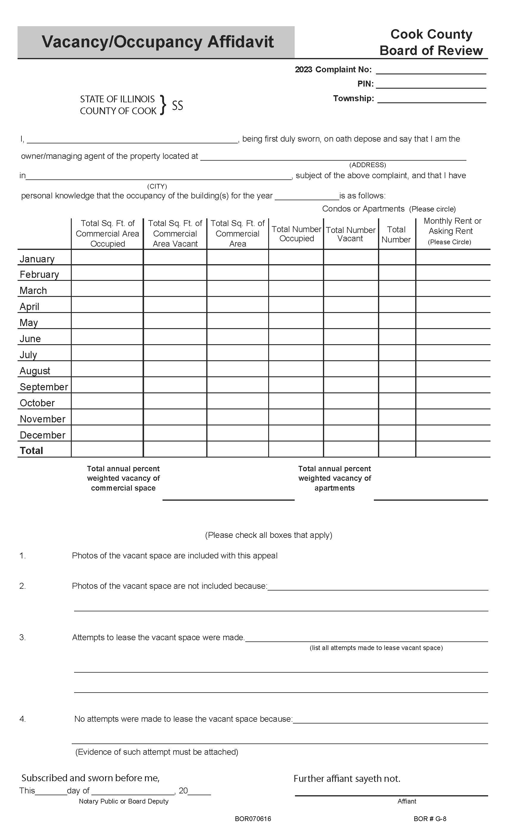 Vacancy Occupancy Affidavit {BOR G-8} | Pdf Fpdf Docx | Illinois