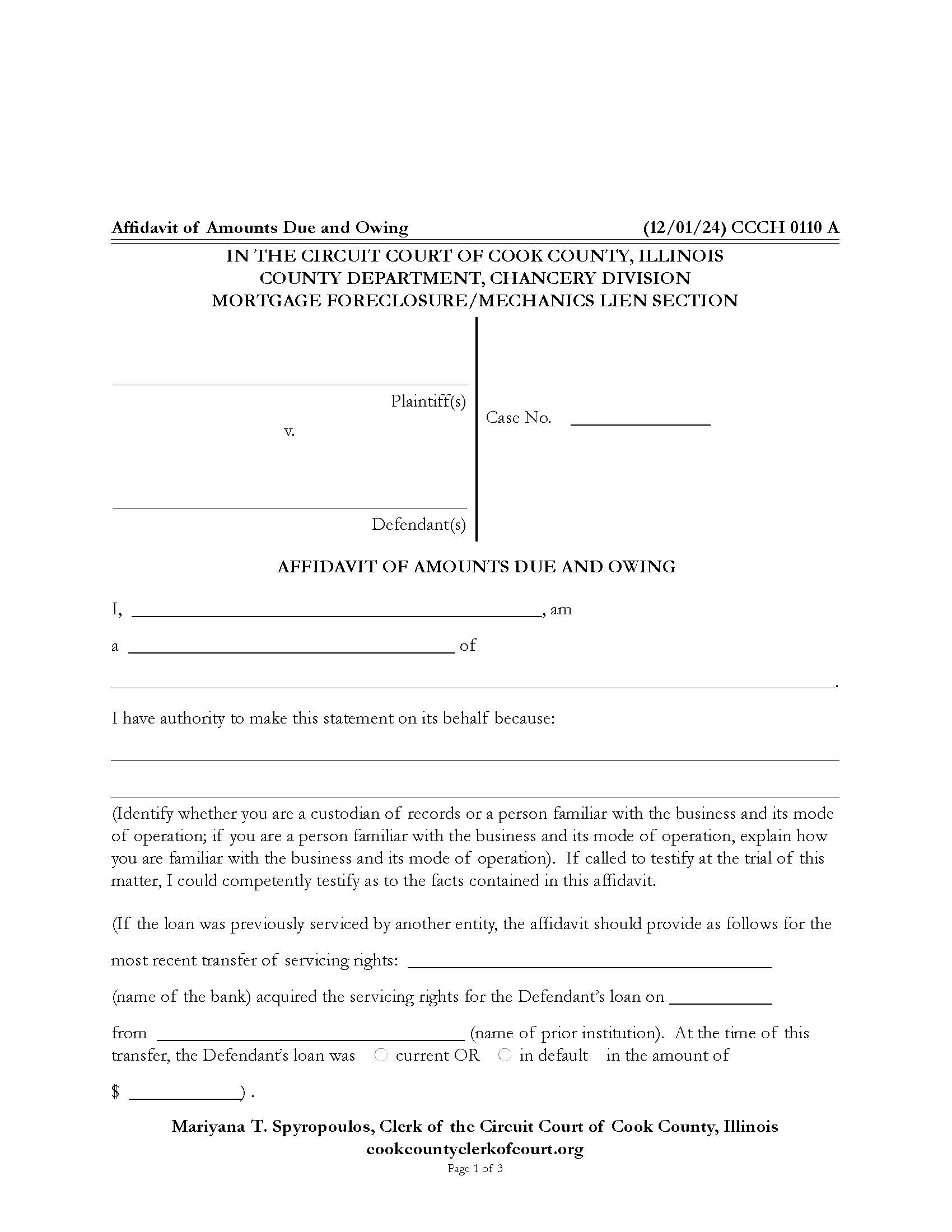 Affidavit Of Amounts Due And Owing {CCCH 0110} | Pdf Fpdf Doc Docx | Illinois