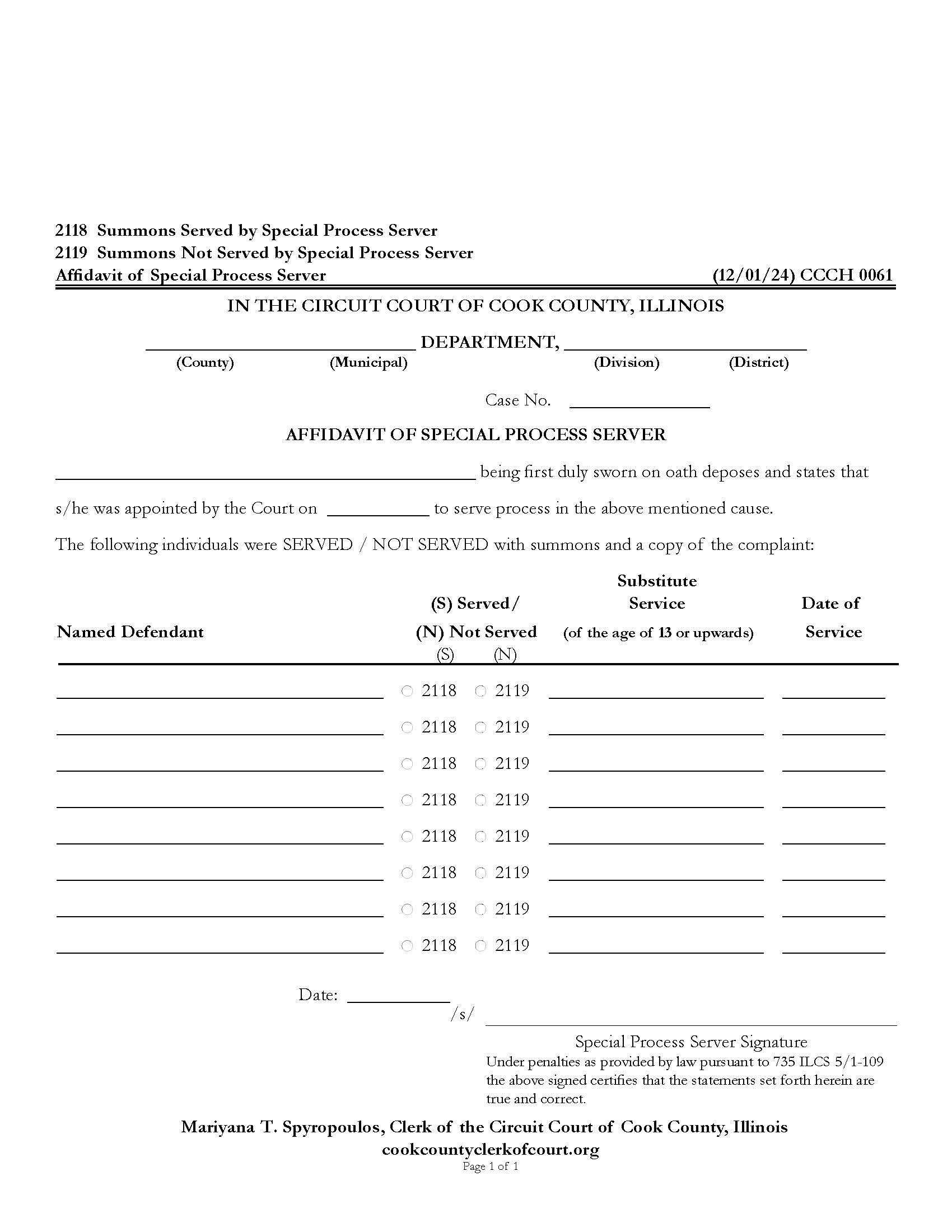 Affidavit Of Special Process Server {CCCH 0061} | Pdf Fpdf Doc Docx | Illinois