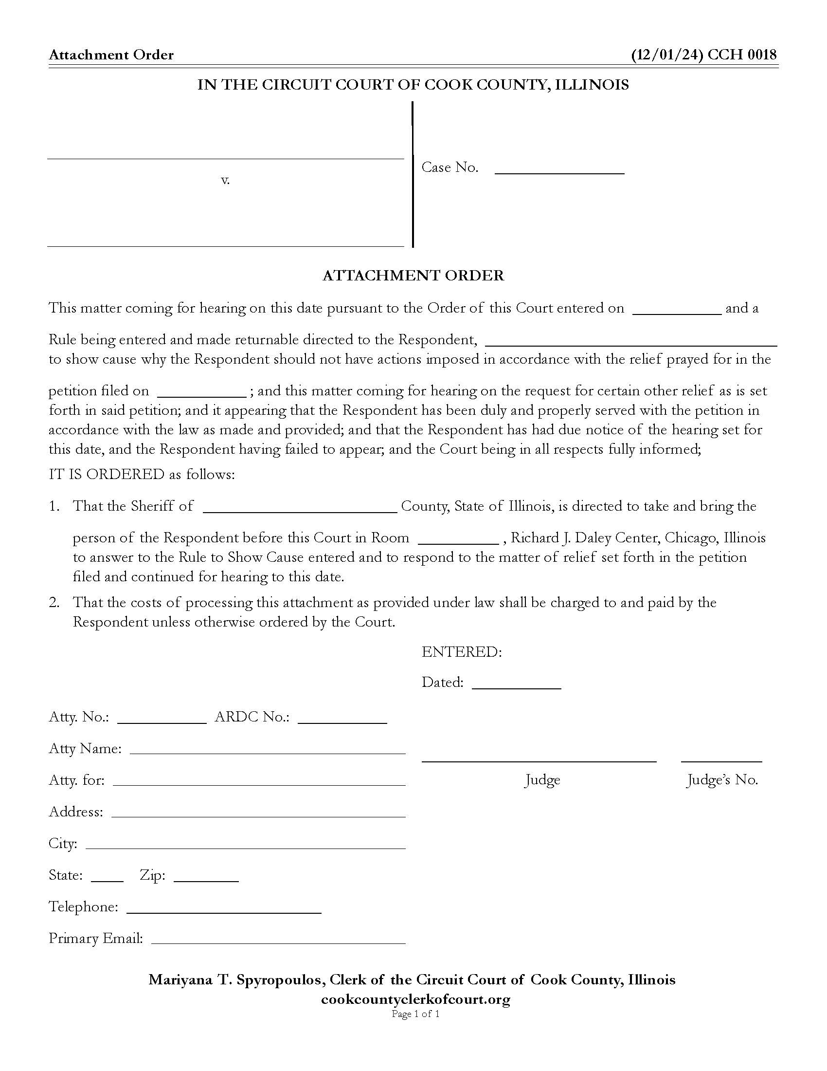 Attachment Order {CCCH 0018} | Pdf Fpdf Doc Docx | Illinois