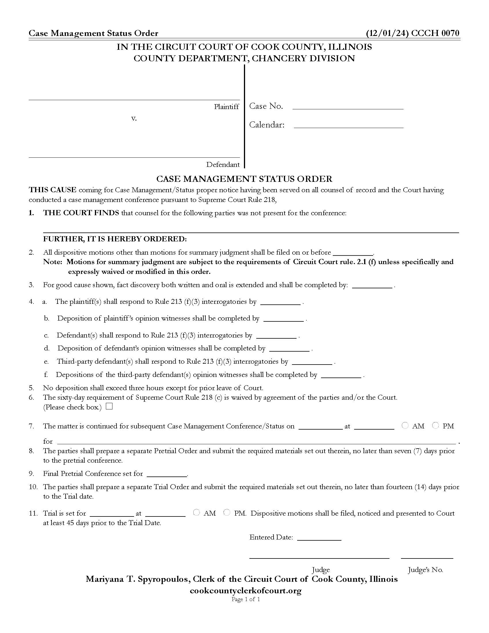 Case Management Status Order {CCCH 0070} | Pdf Fpdf Doc Docx | Illinois