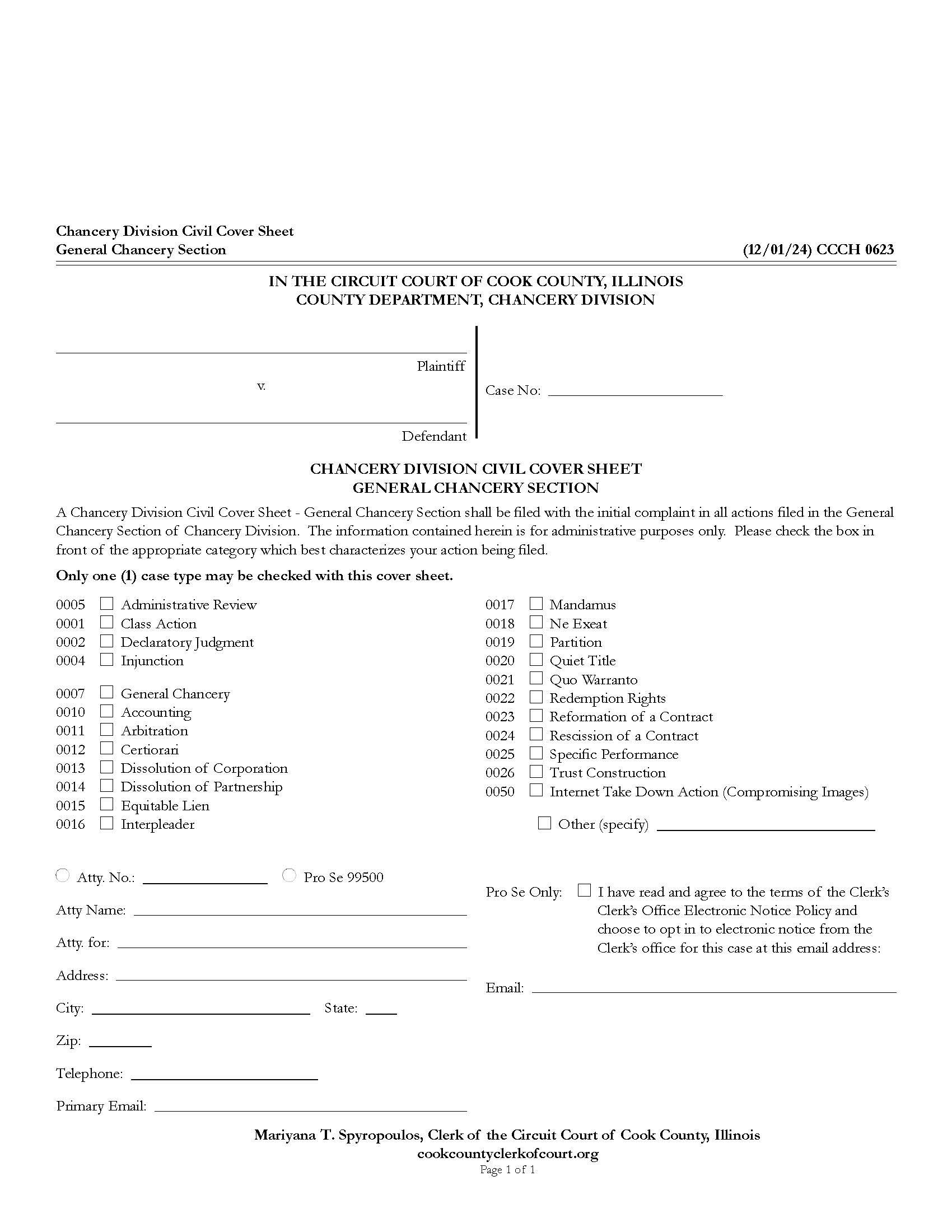 Chancery Division Civil Cover Sheet {CCCH 0623} | Pdf Fpdf Docx | Illinois