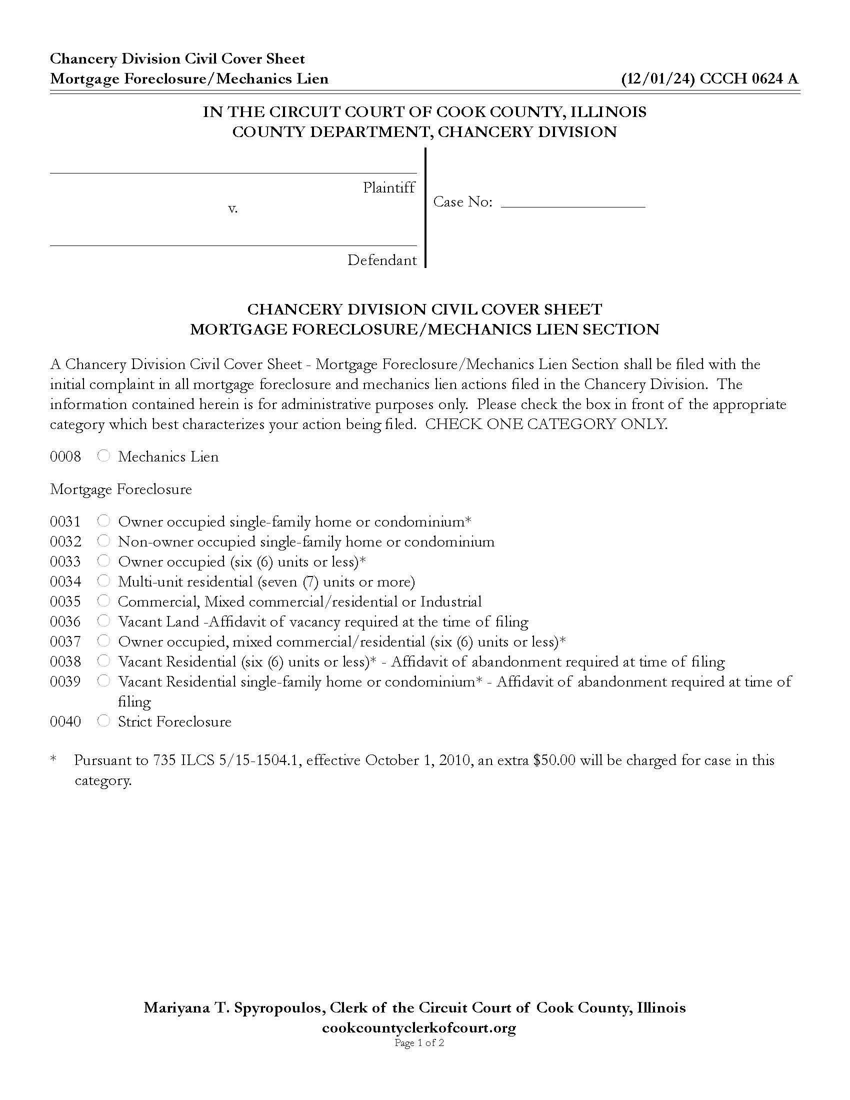 Chancery Division Civil Cover Sheet - Mortgage Foreclosure-Mechanics Lien Section {CCCH 0624} | Pdf Fpdf Doc Docx | Illinois