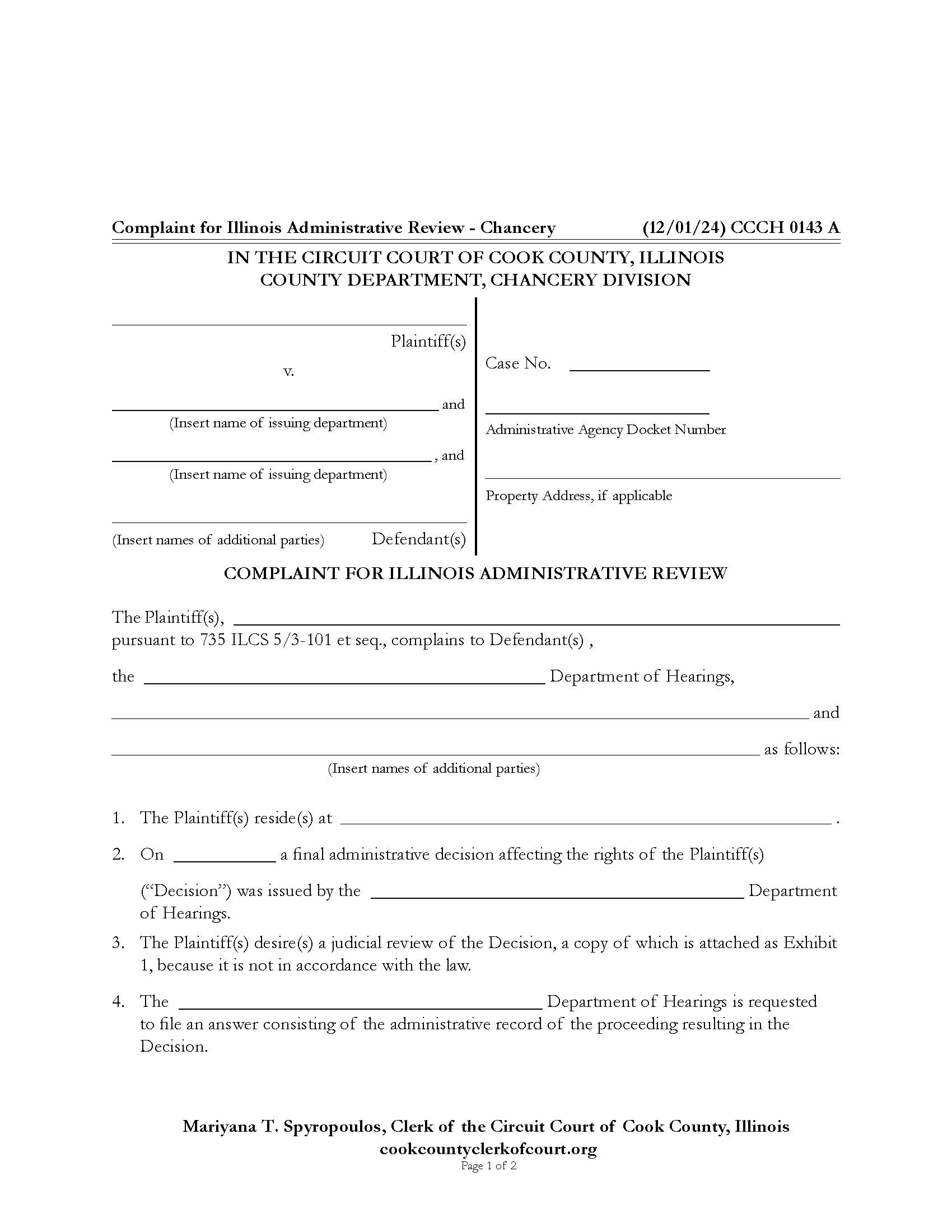Complaint For Illinois Administrative Review {CCCH 0143} | Pdf Fpdf Docx | Illinois